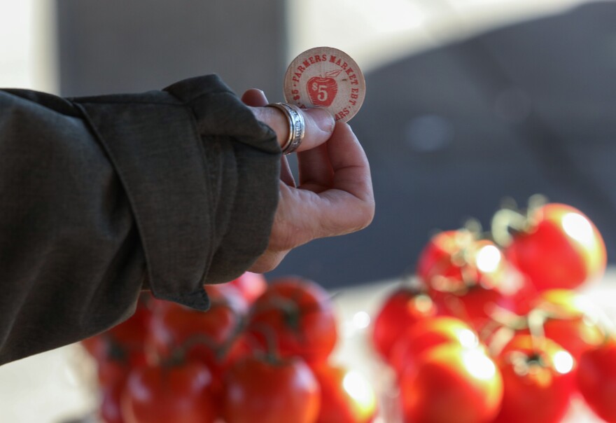 Terry Sinopoli used SNAP benefits in the form of Rochester Public Market Tokins to purchase fruits and veggies while shopping at the Rochester Public Market on Tuesday, October 28, 2025.