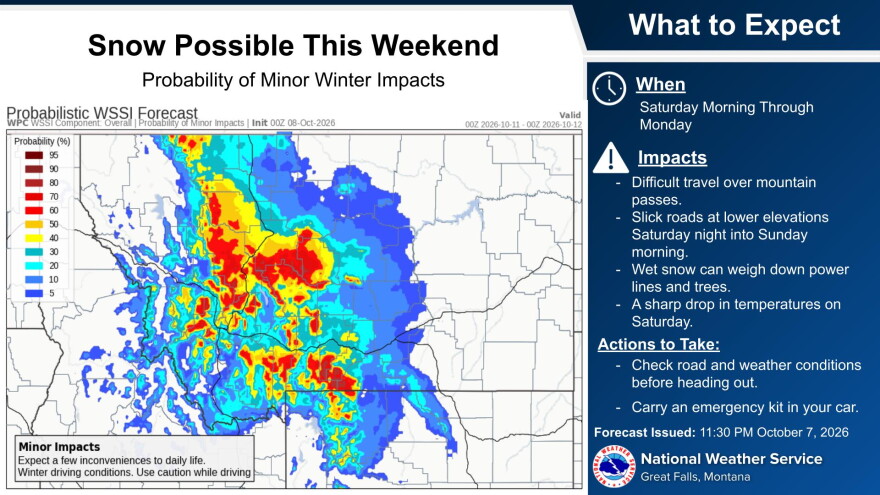 Snow and colder temperatures are expected to move into Montana Oct. 10-12. Mountains/mountain passes will have the greatest impact from snow, but winter driving conditions will be possible at lower elevations, especially Saturday night into Sunday morning. Be prepared for winter driving.