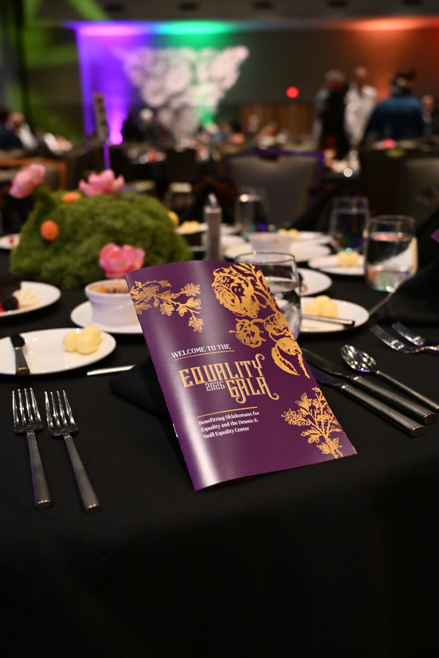 A Equality Gala event program book sits on a table before the start of the main event. The gala is held annually to raise funds for Oklahomans for Equality programs and services at the Dennis R. Neill Equality Center in Tulsa.
