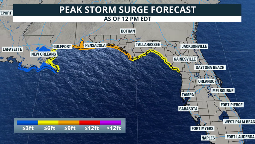 Peak storm surge graphic for the Gulf Coast.