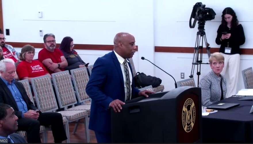 MCC CFO and Vice President Greg Hinton speaks at Monday's Board of Trustees meeting.
