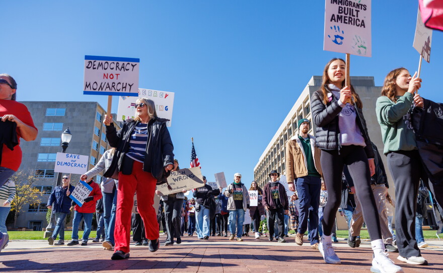 Thousands marched around Capitol Square in Lansing, Mich., for the fourth No Kings rally on Oct. 17, 2026.