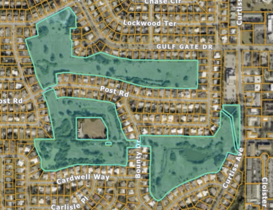A map of a neighbored with a blue highlight of where the Gulf Fate Gulf Course is located. 