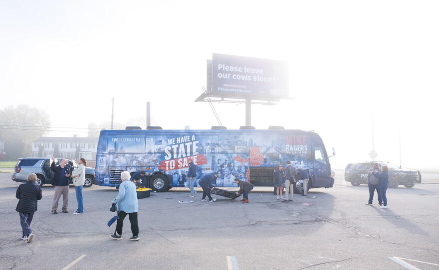 A campaign bus for Republican U.S. Senate nominee Mike Rogers in Lansing Township, Mich., on Oct. 24, 2026.