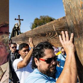 (Left) In an archival photo from 2021, Rabbi Solomon Schiff explains the Seder foods. to patients at Mount Sinai Medical Center on Miami Beach. // (Right) From right to left: Carlos Ruiz, 36, Alberto Bastidas, 47, Roberto Aguirre, 65, and Maria Fernandez, 73, carry a wooden cross during the Living Stations of the Cross procession near the Cathedral of St. Mary on Friday, April 18, 2025, in Miami, Fla. Photo by Matias J. Ocner