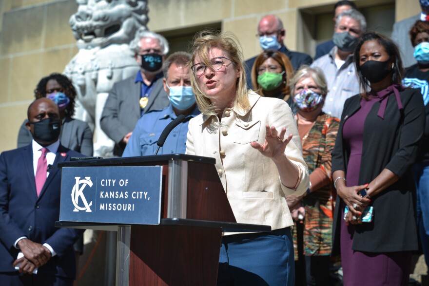 Jackson County Prosecutor Jean Peters Baker speaking to the media and assembled crowd at the announcement of a crime-prevention framework that will guide Kansas City’s ongoing work to address violent crime.