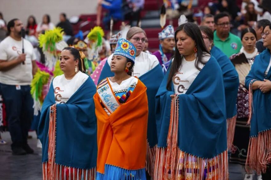 Star Yellowfish, director of Native American student services for Oklahoma City Public Schools (left), attends a powwow with students in 2025.