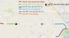 The black triangle illustrates the intersection of SW 8th Avenue and SW 122nd Street, which will soon have a traffic light installed, allowing the opening of the green-colored section of SW 8th Avenue south of Tioga. (Map courtesy of Alachua County)
