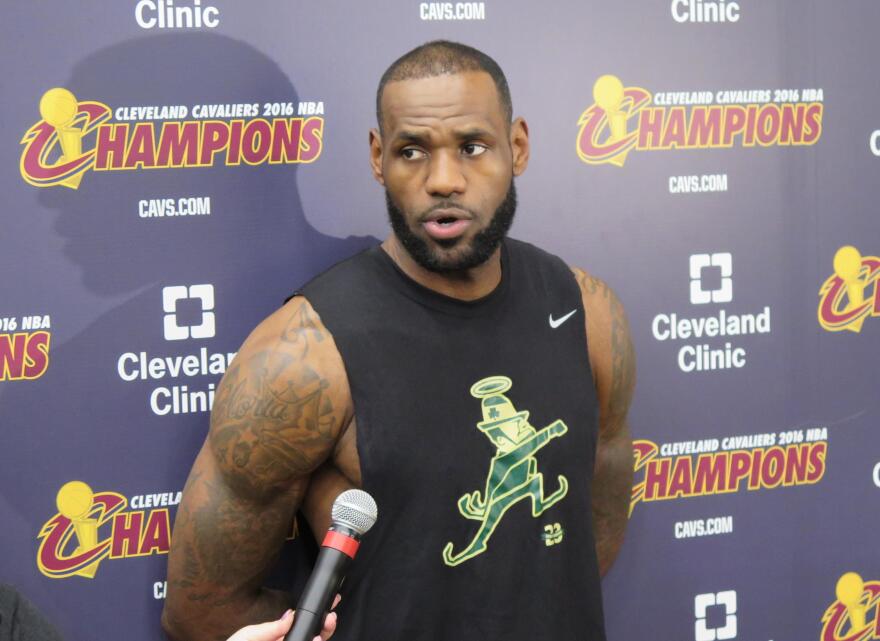 LeBron James wears his St. Vincent / St. Mary Fighting Irish high school logo in preparing for the Celtics. 