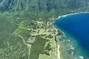 An aerial shot of the remote peninsula of Kalaupapa off of Molokaʻi's northern coastline served as a place of exile for over 8,000 patients of Hansen’s disease from the mid-1800s to 1969.