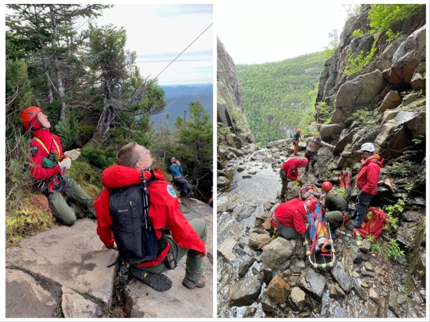 Two photos show people in red jackets, some wearing red helmets, in rocky areas. In the left photo, people are looking upward out of frame. In the right photo, people are gathered in a shallow creek around a person on a stretcher. 