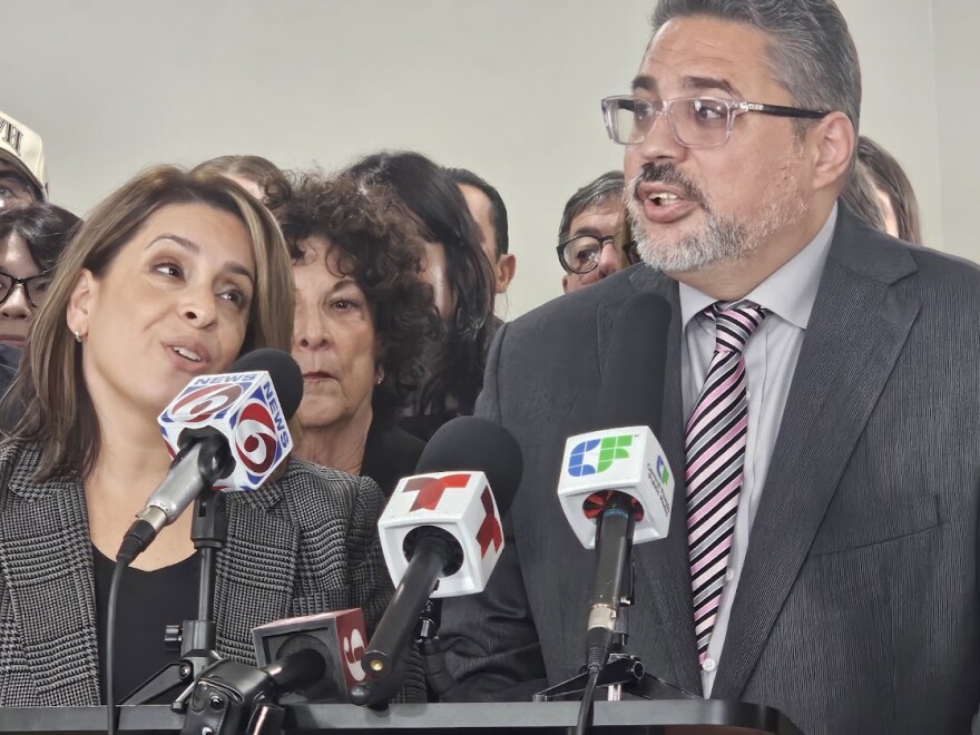 Reverend Dr. Gabriel Salguero (right) and Reverend. Dr Jeanette Salguero speaking during a press conference on Thursday (01/15/26) at their church, The Gathering Place. They were joined by other faith leaders discussing the inhumane practices of ICE agents in, and outside of Florida.