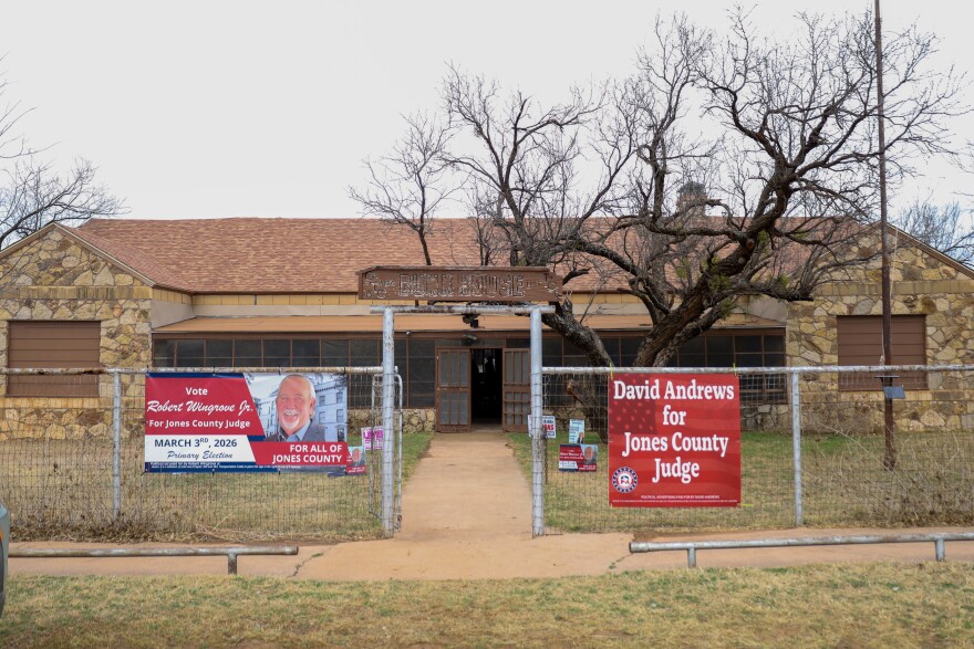 Posters for the candidates for Jones County elections are set up outside the Bunkhouse in Stamford. Photo by Leslie Carrigan.