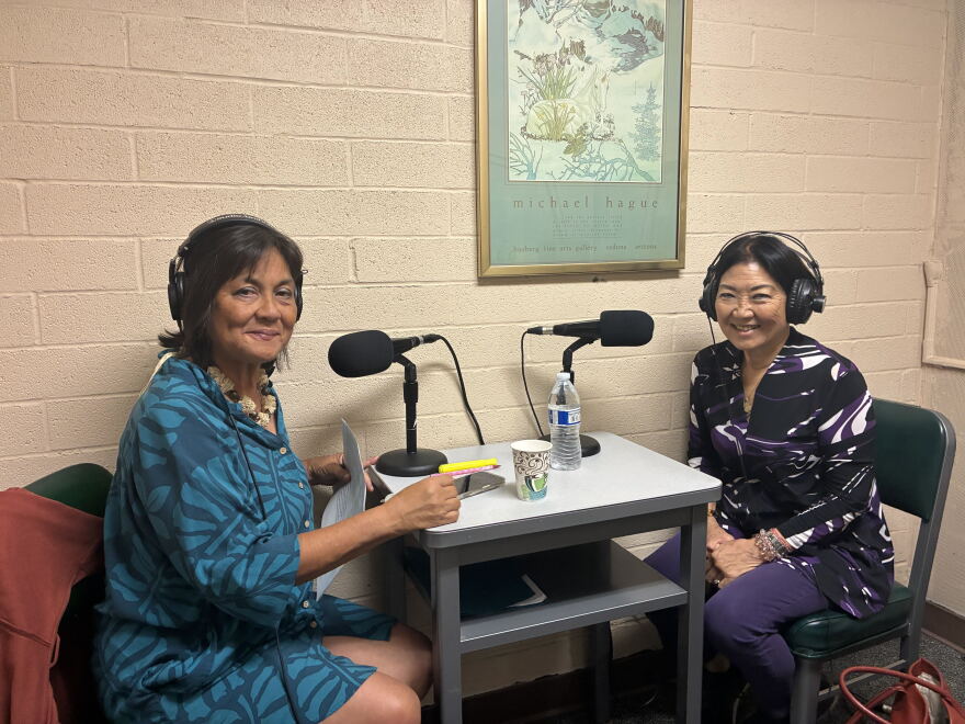 HPR's Catherine Cruz, left, with Hawaiʻi State Sen. Sharon Moriwaki, right, on Sept. 14, 2026.