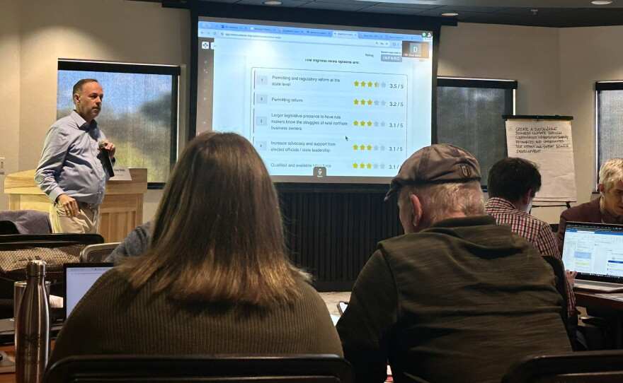 Dave Webb of Homerun Leadership leads a group of community leaders in accessing regional economic priorities at an Oct. 7, 2026, meeting in Grand Rapids.