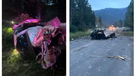 The remains of a pickup truck that ran off the side of Teton Pass on Wednesday. The driver was life-flighted while the passenger, a Colorado man who was not wearing a seatbelt, was pronounced dead at the scene.