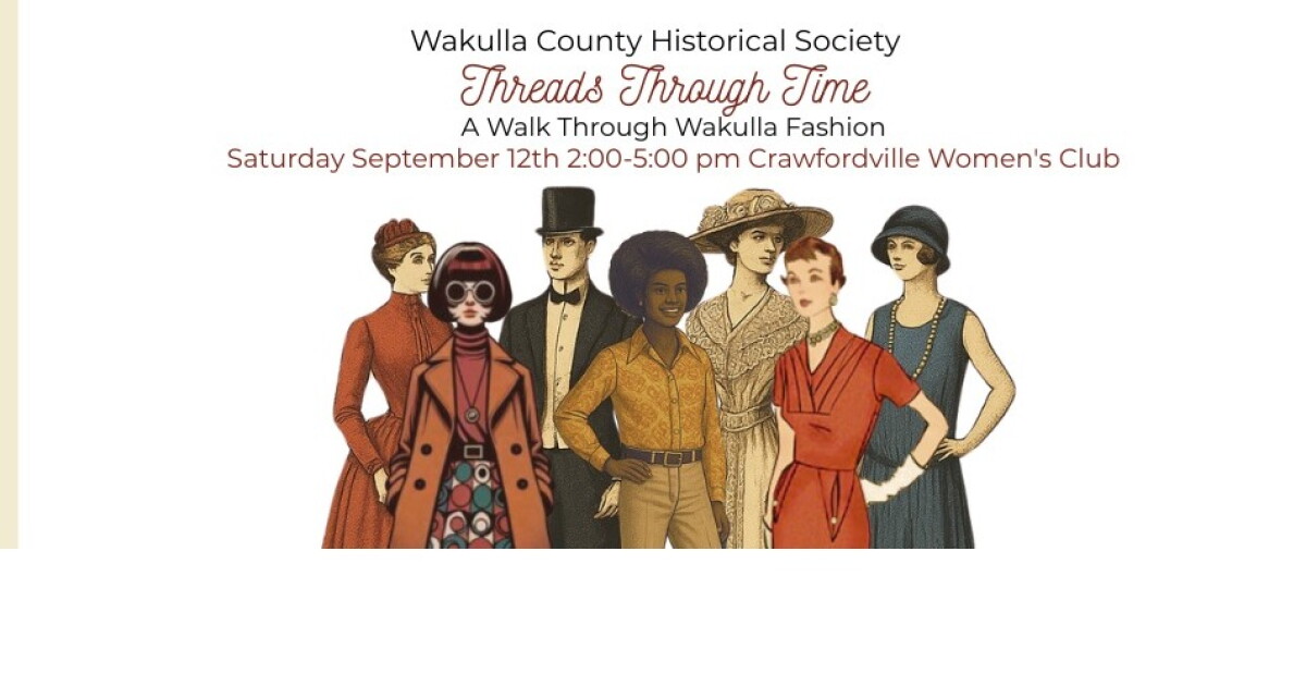 Flyer featuring cartoon drawings of people in clothing from historical periods
