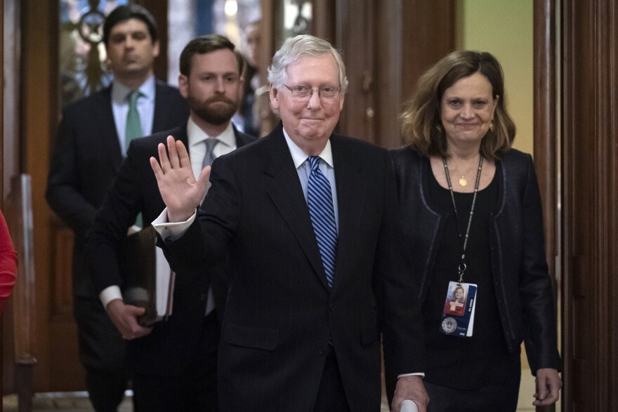 FILE - Senate Majority Leader Mitch McConnell, R-Ky., leaves the chamber after leading the impeachment acquittal of President Donald Trump at the Capitol in Washington, on Feb. 5, 2020. Kentucky's Republican Party, already dominant in electing candidates, has achieved another long-sought goal, overtaking the Democratic Party in statewide voter registration, according to numbers released by the Kentucky State Board of Elections on Friday, July 15, 2022. McConnell, regarded as the main architect of the GOP's rise in Kentucky, said his party's voter registration supremacy in his home state was “a day I never thought would happen.”