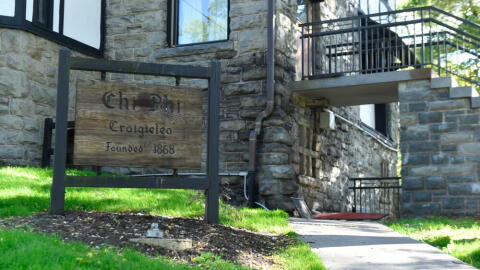 A sign stands outside the Chi Phi fraternity house at Cornell University, Monday, Oct. 5, 2026, in Ithaca, New York. (Adrian Kraus/AP)