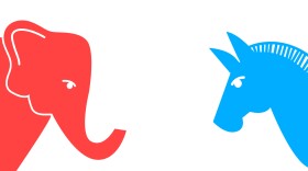 Vector illustration of a blue donkey and a red elephant