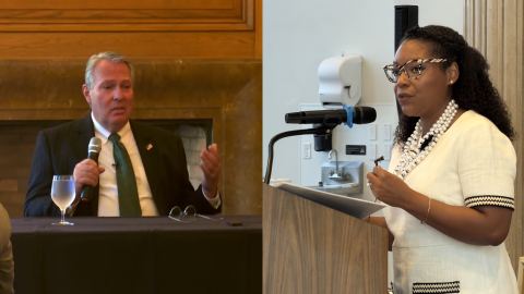 Republican candidate Carey Coleman (left) and democratic incumbent Emilia Sykes running for the 13th Congressional District speak at their respective Akron Press Club forums.