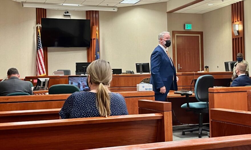 Former Idaho Rep. Aaron von Ehlinger’s attorney, Jon Cox, stands next to von Ehlinger at his preliminary hearing at the Ada County Courthouse on Friday, Oct. 29, 2021. (Kelcie Moseley-Morris/Idaho Capital Sun)