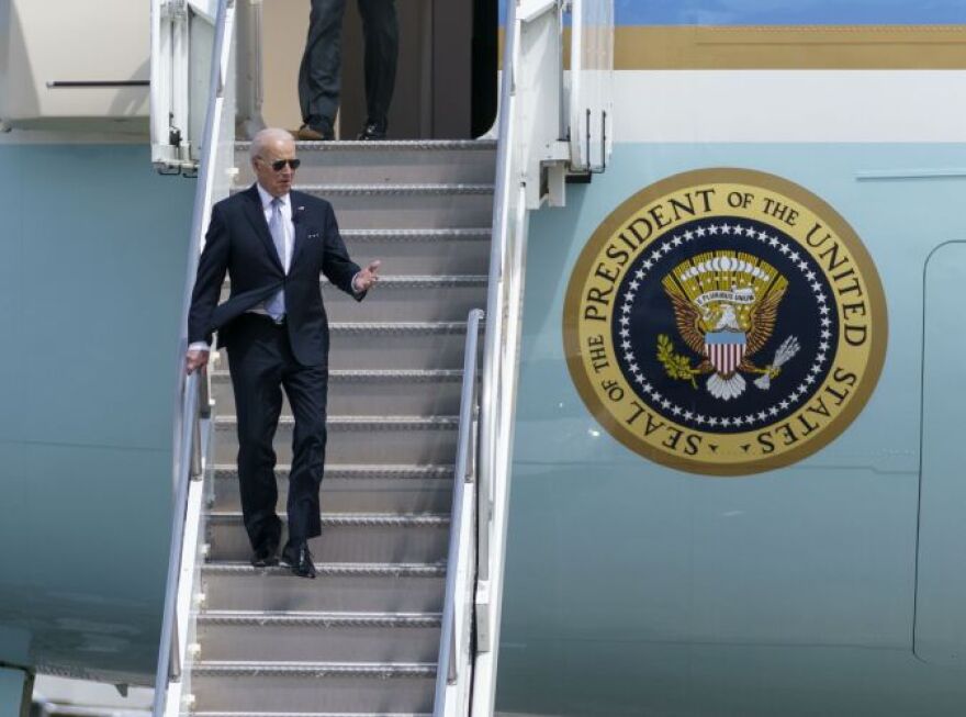 President Joe Biden exits Air Force One at Portland’s airport, April 21, 2022. It was his first visit to the state as president.