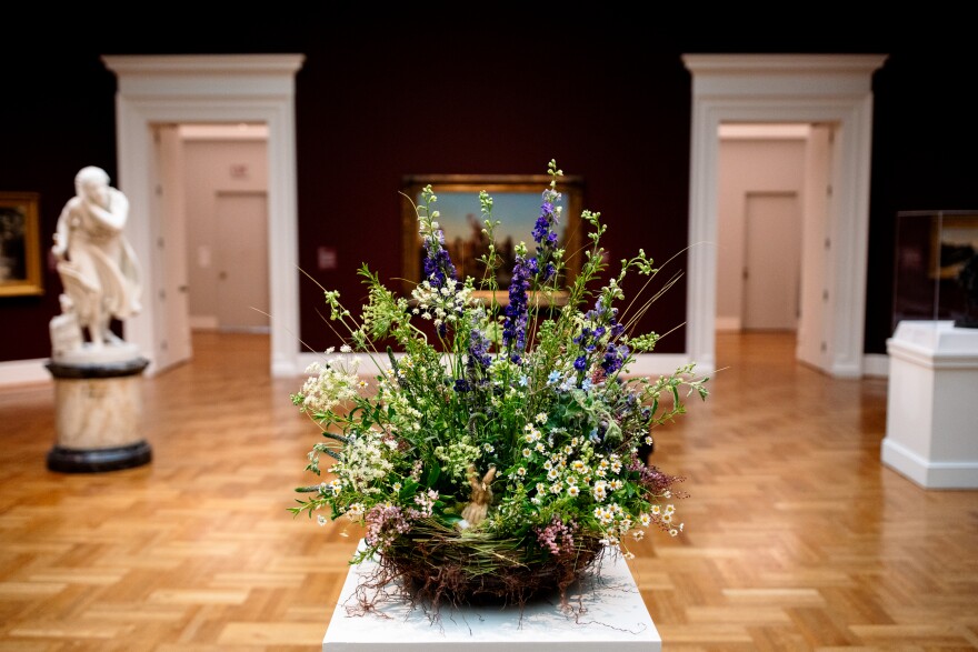 A floral arrangement by Sandra Fulton, of Petals Galore Floral Art, during 19th annual “Art in Bloom” exhibit at the St. Louis Art Museum’s on Thursday, Feb. 27, 2025, in Forest Park.