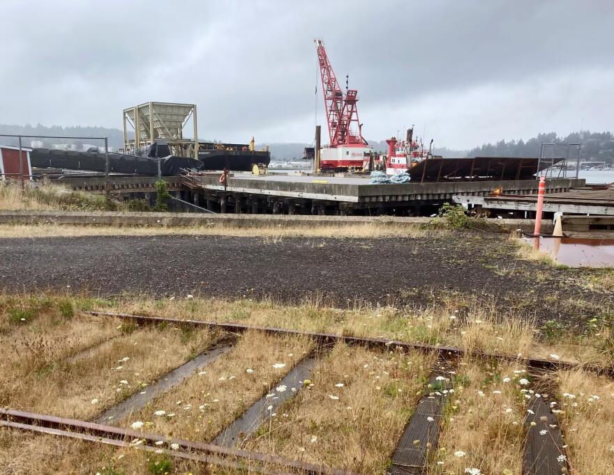 Dredging along the Coos Bay waterfront is done by the U.S. Army Corp of Engineers. In this file photo, a dredging ship in operation in Coos Bay, Ore. on Sept. 11, 2024.