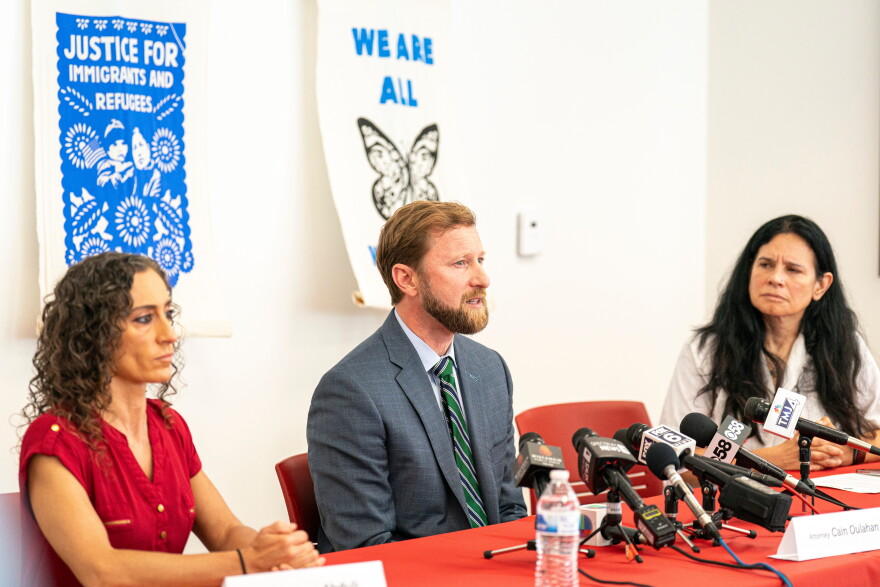Cain Oulahan (center), Ramon Morales Reyes' immigration attorney, addresses the media, May 30, 2025 in Milwaukee about the detention of his client Ramon Morales Reyes. (AP Photo/Andy Manis, File)