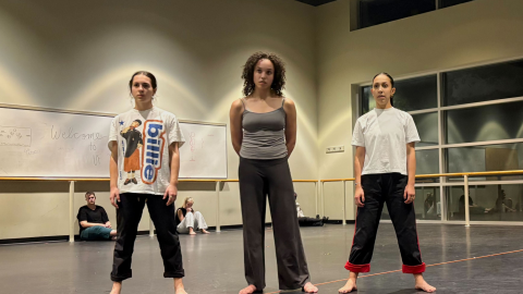 From left to right: Sami Holzman, Kora Besteman and Uribe during rehearsal for Burley’s dance piece. The dancers were receiving feedback after performing their trio.