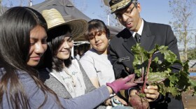 Former U.S. Surgeon General Vivek Murthy and John C. Fremont High School students hold a beet grown in the school's Gardening Apprenticeship Program plot on the campus south of downtown Los Angeles Friday, Nov. 20, 2015. (Nick Ut/AP Photo)