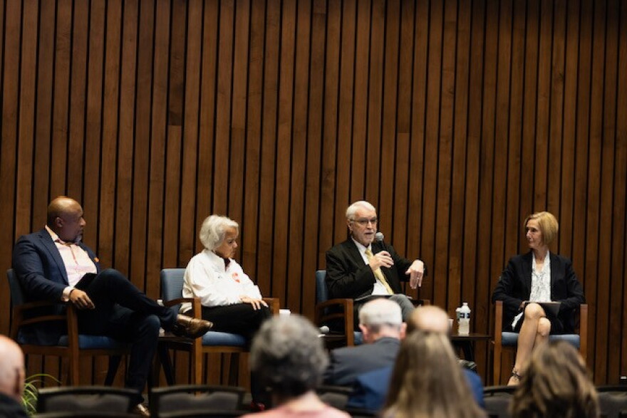 University of Illinois President Timothy Killeen and Chancellors Charles Isbell, Marie Lynn Maranda and Janet Gooch at UIS during their 2026 Invested in Illinois tour.