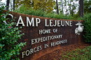 An ornamental sign with the Marine Corps emblem greets visitors to Camp Lejeune, N.C., on Thursday, Oct. 30, 2025.