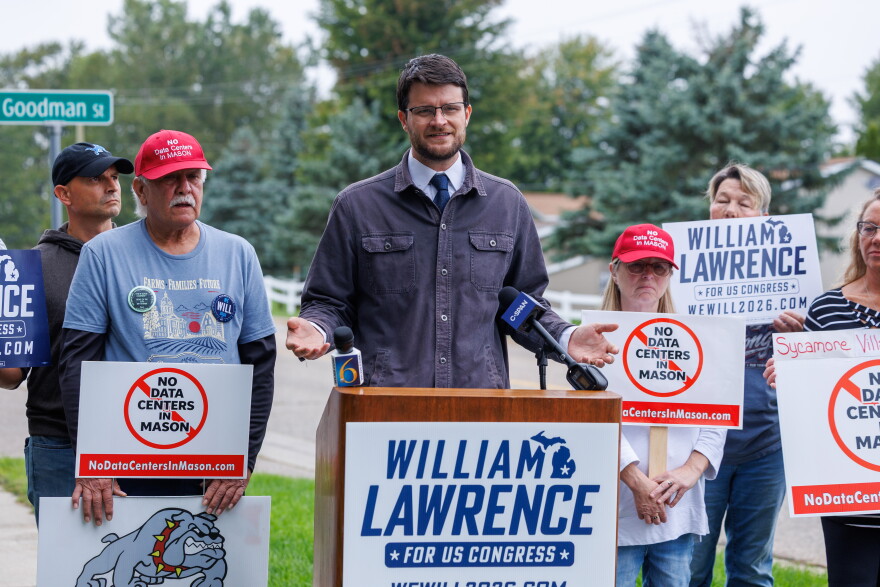 Democratic nominee for U.S. House William Lawrence speaks at a press conference in Mason, Mich., on Sept. 17, 2026.