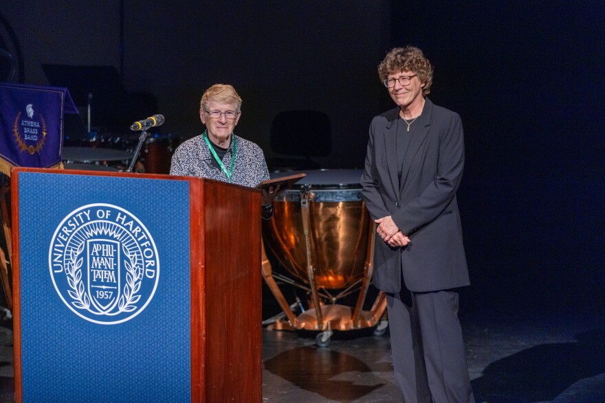 IWBC founder Susan Slaughter (left) and Sharon Huff, recipient of the Susan Slaughter Merit of Excellence Award. International Women's Brass Conference, 2025.