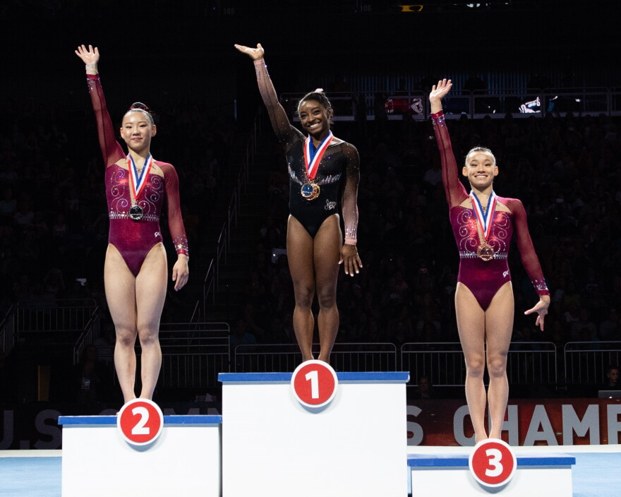 Kara Eaker won silver in balance beam at the 2019 U.S. National Gymnastics Championships in Kansas City. Simone Biles won gold while Leanne Wong took bronze.