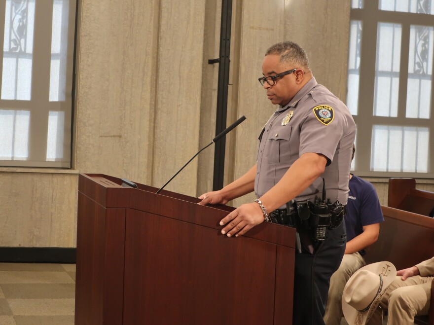 Oklahoma City Police Chief Ron Bacy stands in front of the Oklahoma City Council as they discuss the renewal of the city's ALPR contract.