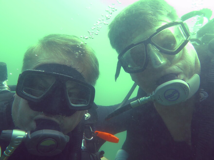 Ed Skaggs (left) and Eric Douglas underwater at Summersville Lake.