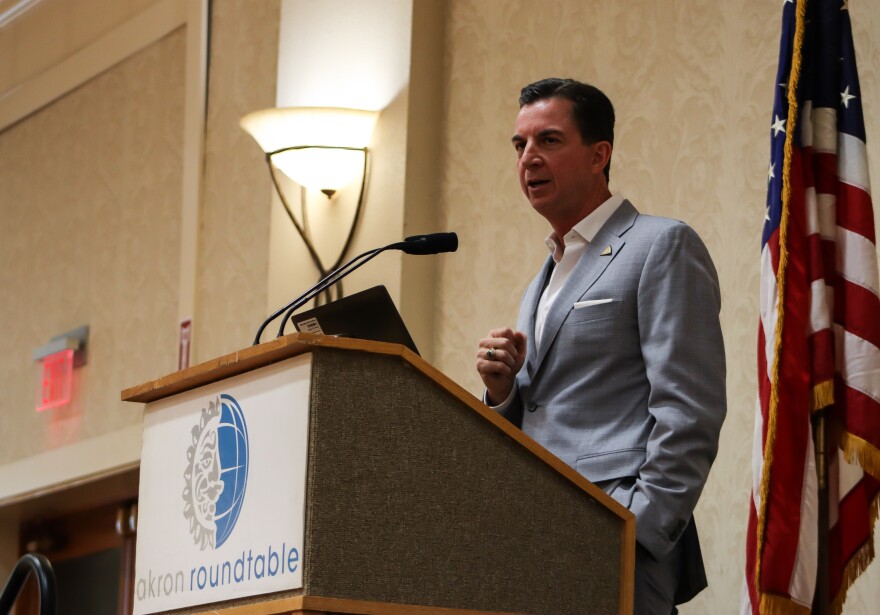  Michael Crawford spoke at the Akron Roundtable about his plans for growing the Pro Football Hall of Fame Village.  [Eman Abu-Khaled /  Ideastream Public Media]