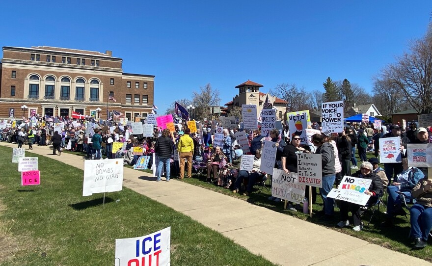 The crowd outside the Bloomington Center for the Performing Arts for a "No Kings" protest.