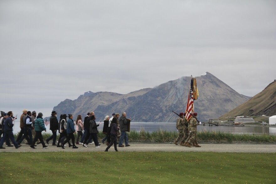 During the ceremony, which included an Army Color Guard, a 21-gun salute and a speech from Fox’s former neighbor, officials unveiled an honorary gravestone, following a procession down Unalaska’s Front Beach.