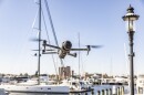 An aerial drone hovers above the Elizabeth River waterfront in Downtown Norfolk.