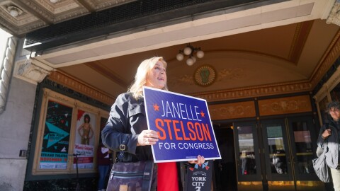 Democratic candidate Janelle Stelson greets voters in York Nov. 5, 2024.