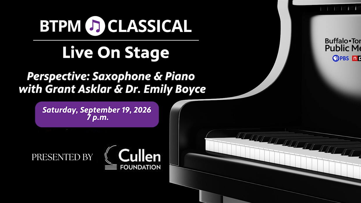 black grand piano and a black background. BTPM logo in the top right corner. In white on the left: BTPM Classical logo, LIVE ON STAGE, Perspective: Saxophone & Piano with Grant Asklar & Dr. Emily Boyce and the date, time, and location of the event, and PRESENTED BY followed by a logo for the cullen foundation