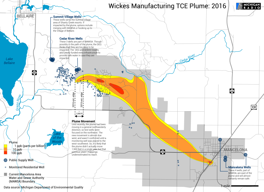 A map of the 13 trillion gallon plume of contaminated groundwater extending from Mancelona, Michigan.