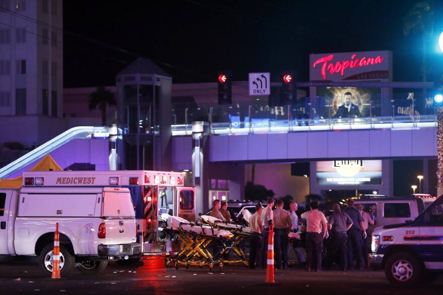 Medical workers set up a staging area near the Route 91 Harvest festival concert on the Las Vegas Strip on Sunday. Gunfire was reported around 10:08 p.m. local time, Clark County Sheriff Joe Lombardo said at a news briefing.
