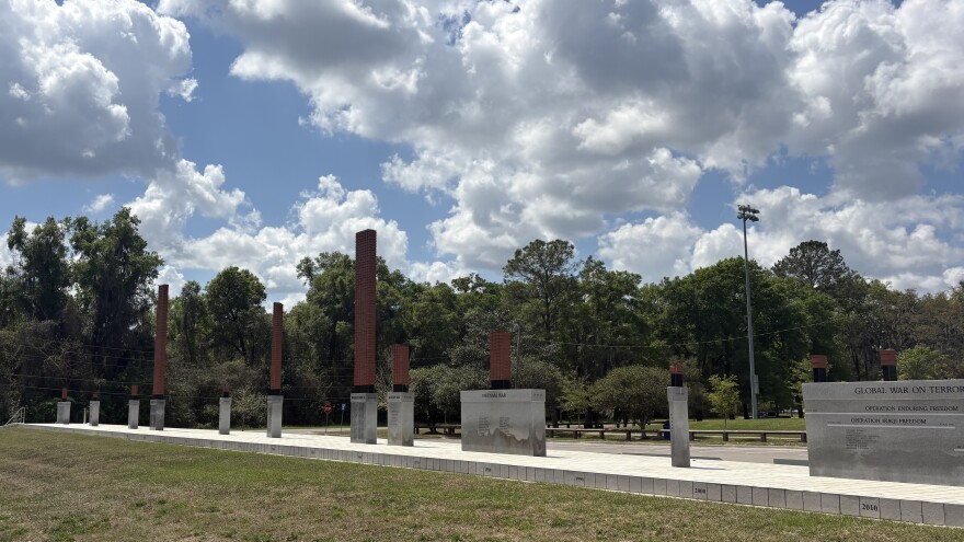 Located at Freedom Community Center, the Veterans Memorial represents a “Walk Through Time” starting in 1775 through the present year. Each tile block on the walkway represents one year. Each monument represents the wars American troops have fought in. (Olivia Bass/WUFT News)