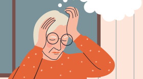 A woman holds her head with an empty thought bubble hovering above her