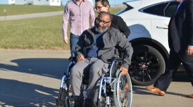  Kevin Strickland, who uses a wheelchair, speaks to the press on Nov. 23, 2021, after being released from prison.